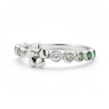 Load image into Gallery viewer, Silver ring with green gemstones on a white background