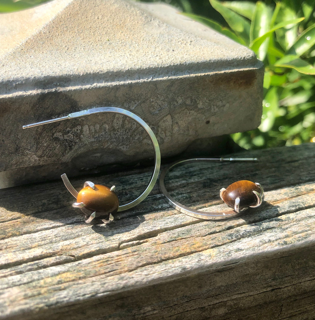 Floating tiger eye hoop earrings: large hoop earrings, hoop earrings with charm, chunky hoop earrings